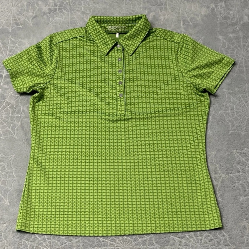 Nike Polo Shirt Womens S Green Geometric Dri Fit Logo Snap Button Top Golf Sport